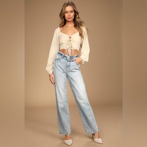 NEW WITH TAGS Lulus Cottage Life Beige Balloon Sleeve Bustier Crop Top